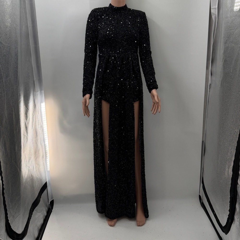 Faeriesty XS Sequin High Slit Maxi Dress Romper Vampy Gothic Glam Hollywood Edgy
